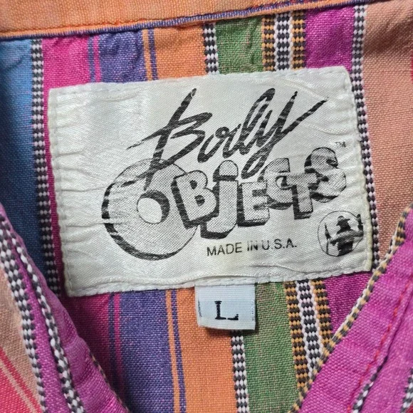 Body Objects Mens Large Vintage 90s Striped Short Sleeve Button Down Shirt Multi - Picture 4 of 6